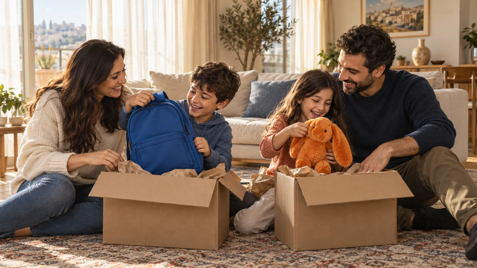 A family happily unboxing their Sawa Kart order in their living room