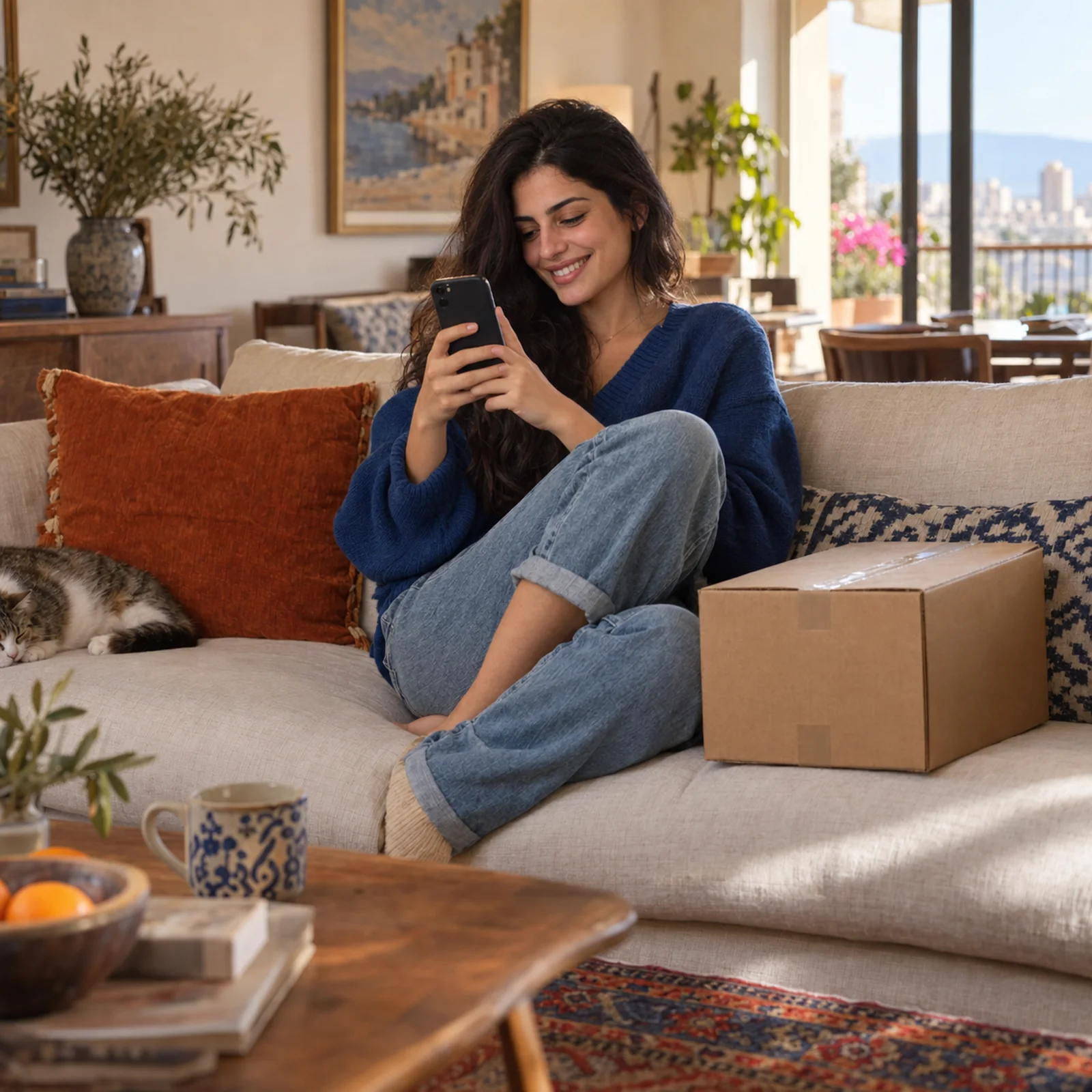 A woman relaxing on her sofa, shopping on her phone next to a parcel that just arrived