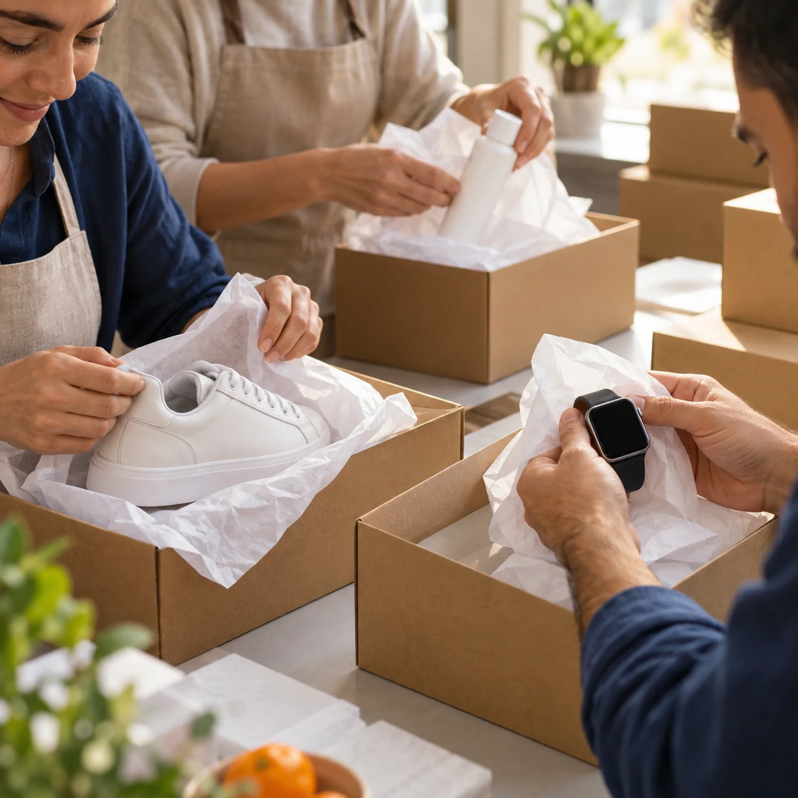 Hands carefully packing sneakers, a smartwatch and skincare in tissue paper