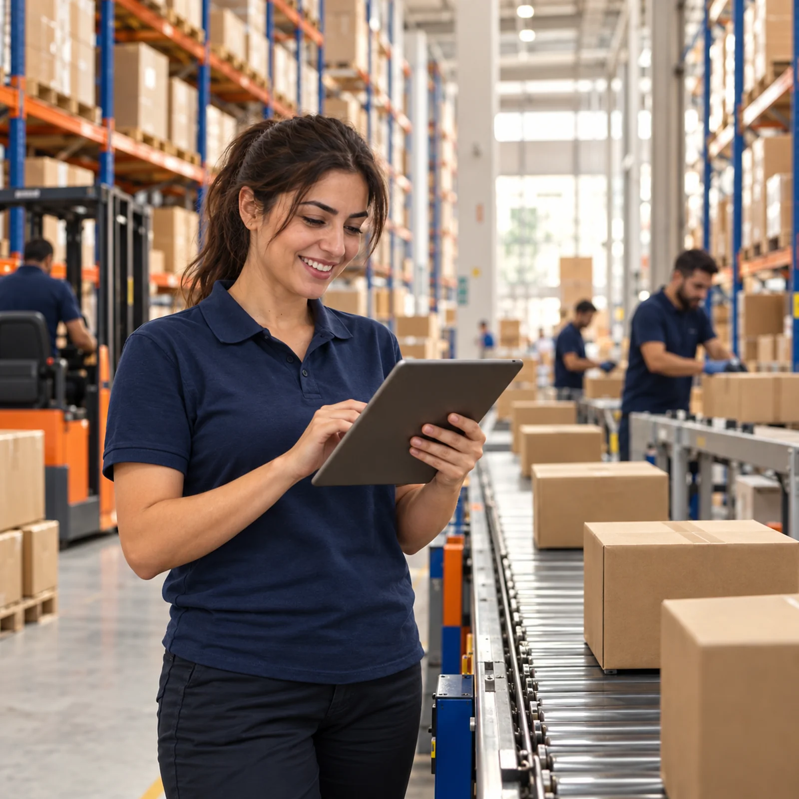 A bright, modern fulfilment centre with parcels on a conveyor and a staff member checking orders